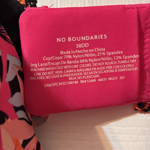 No Boundaries 38DD pink/lacy floral print bra. Thicker straps and three clasps. - Picture 2 of 7